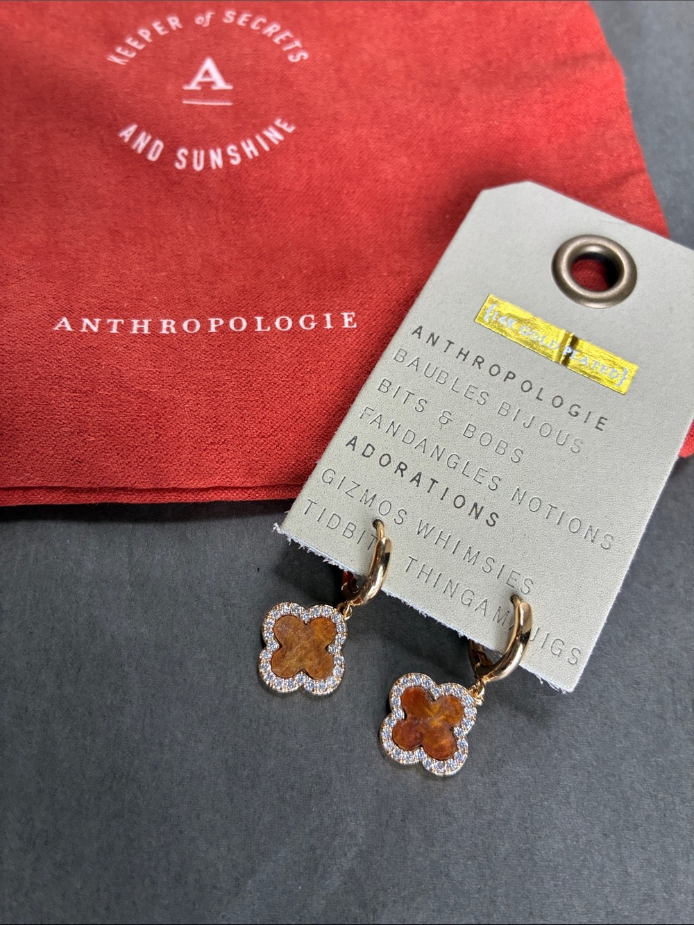 Anthropologie 14k Gold-Plated Amber Clover Hoop Drop Earrings